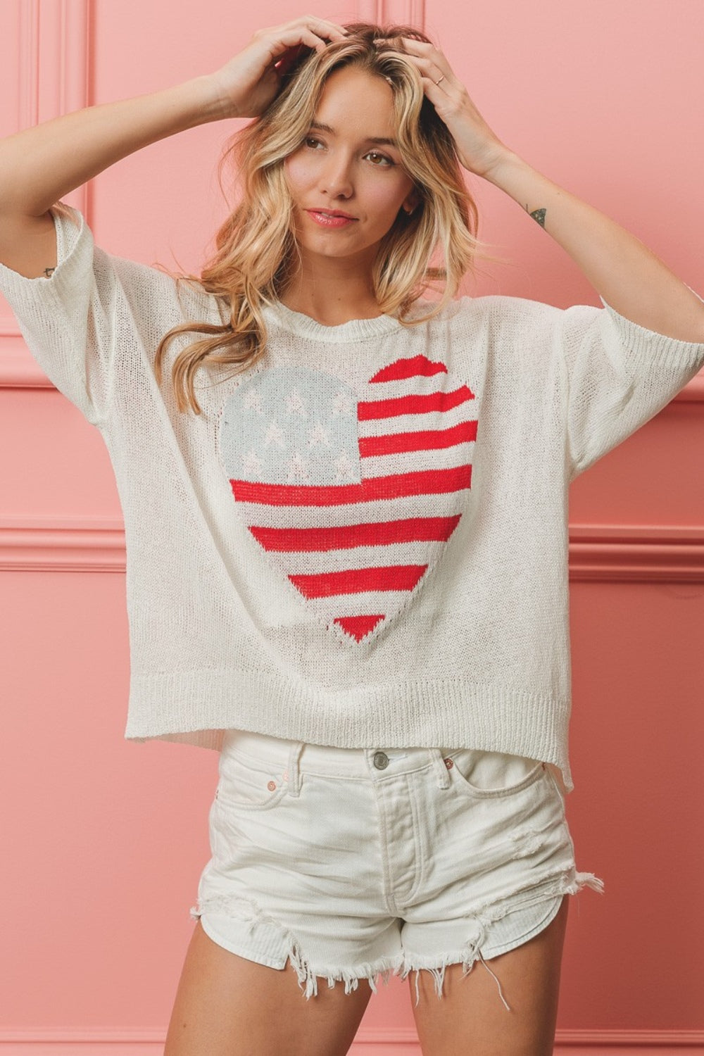 BiBi Striped Heart Contrast Knit Top