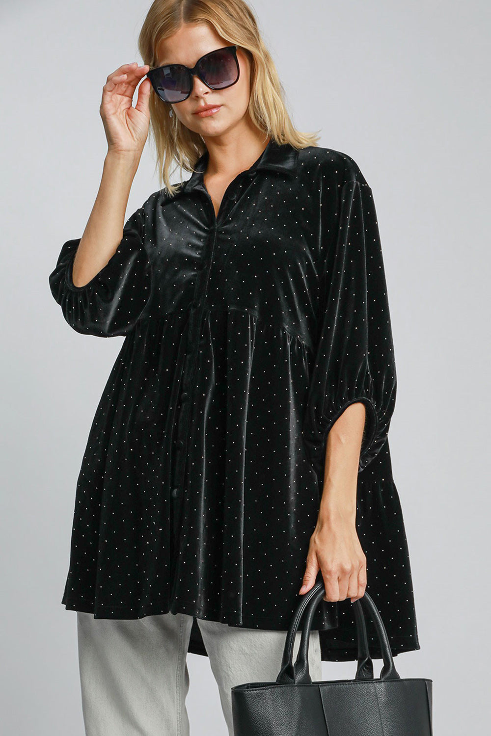 Umgee Full Size Polka Dot Button Up Half Sleeve Shirt *