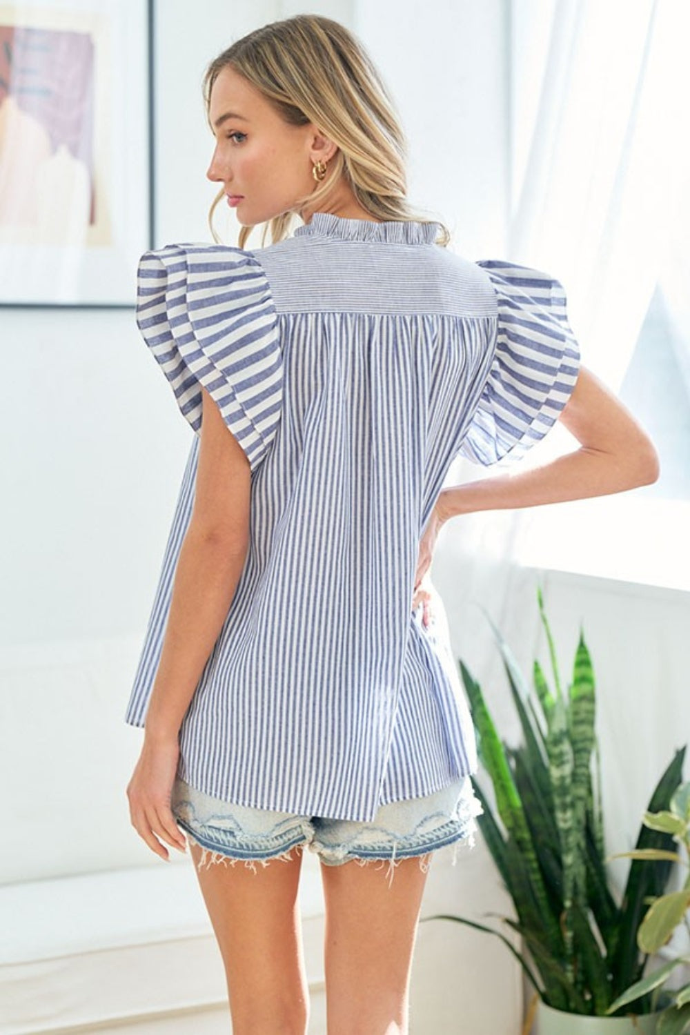 First Love Full Size Striped Flutter Sleeve Blouse *