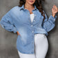 Plus Size Button Up Pocketed Denim Top