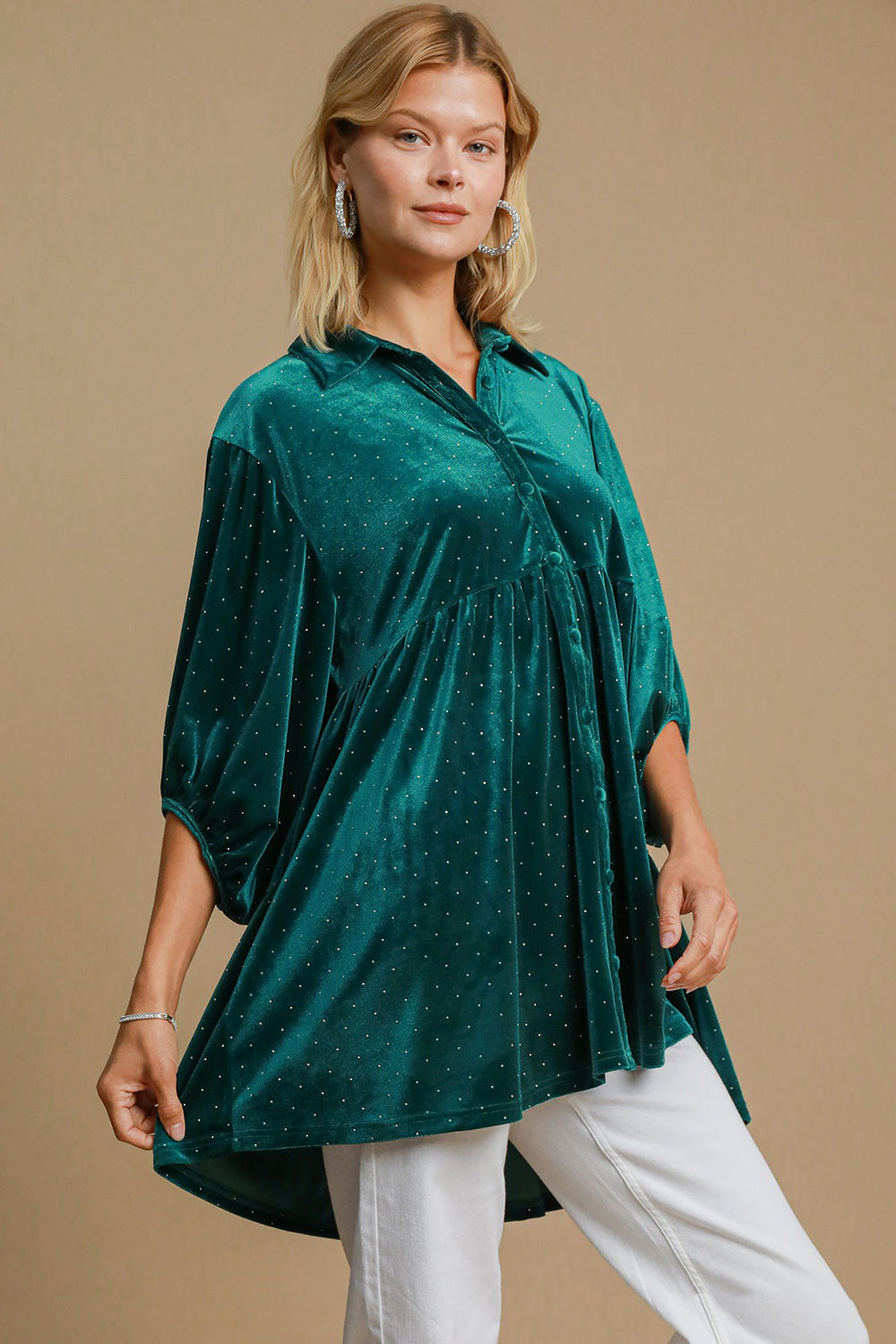 Umgee Full Size Polka Dot Collared Neck Button Up Shirt *
