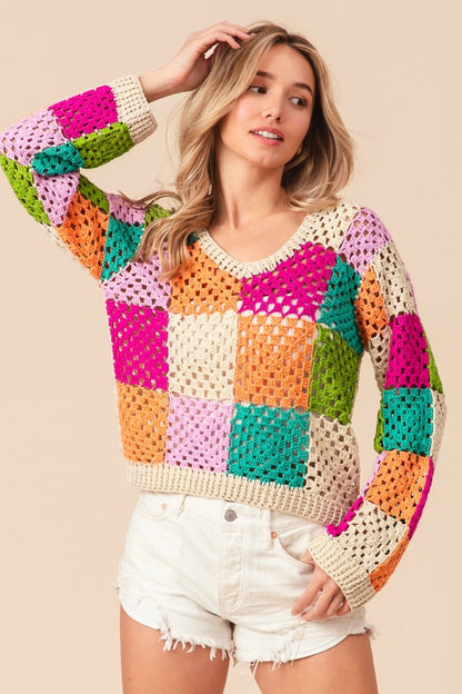 BiBi Multi Color Checkered Long Sleeve Knit Top - Brand BiBi