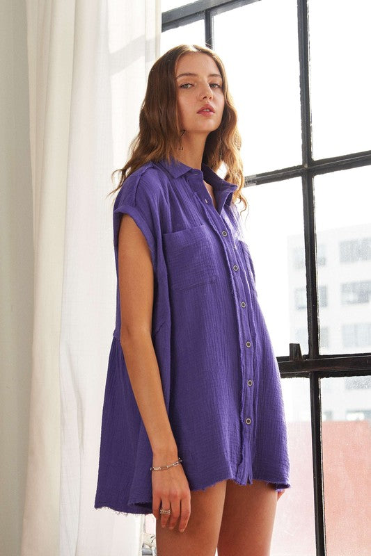 ADORA Raw Hem Collared Neck Button Down Shirt *