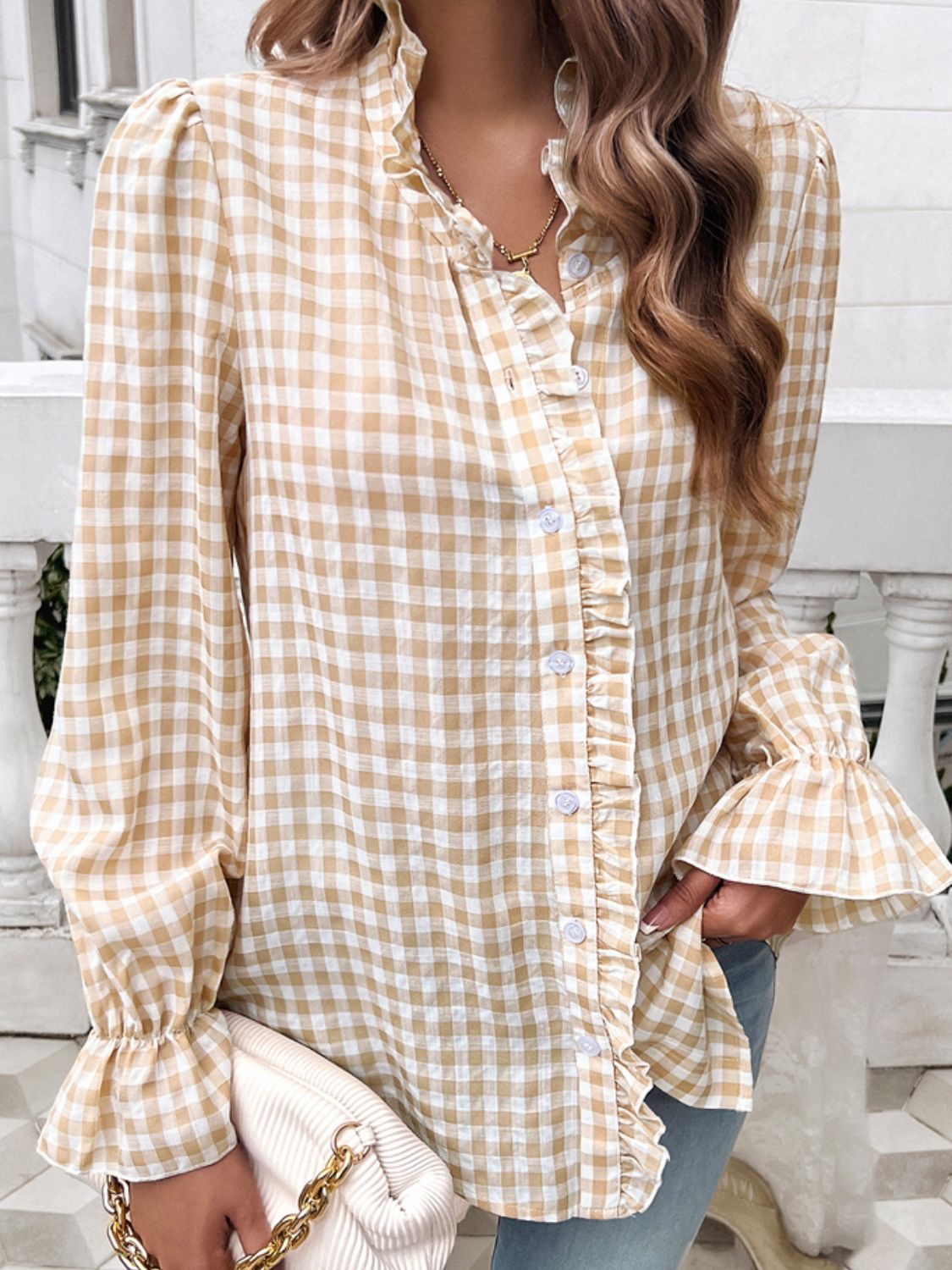 Frill Ruffled Plaid Long Sleeve Shirt