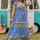 Plus Size Smocked Printed Blue Cap Sleeve Dress