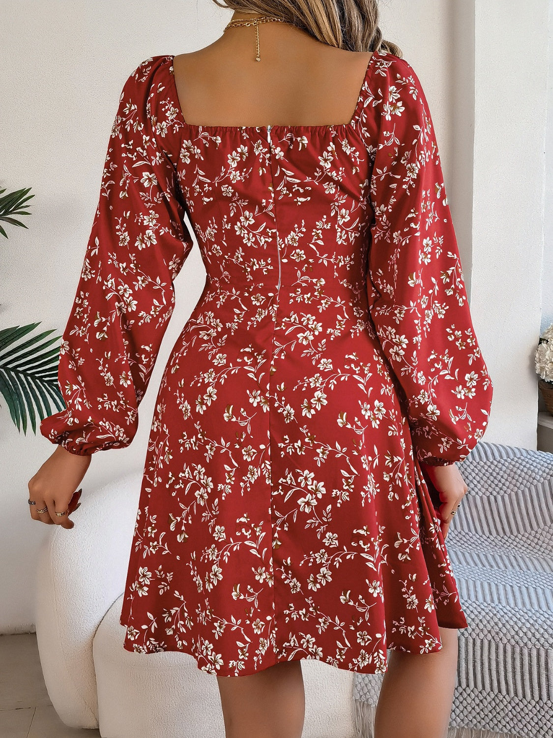 Printed Sweetheart Neck Balloon Sleeve Mini Dress