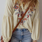 Embroidered Notched Long Sleeve Blouse