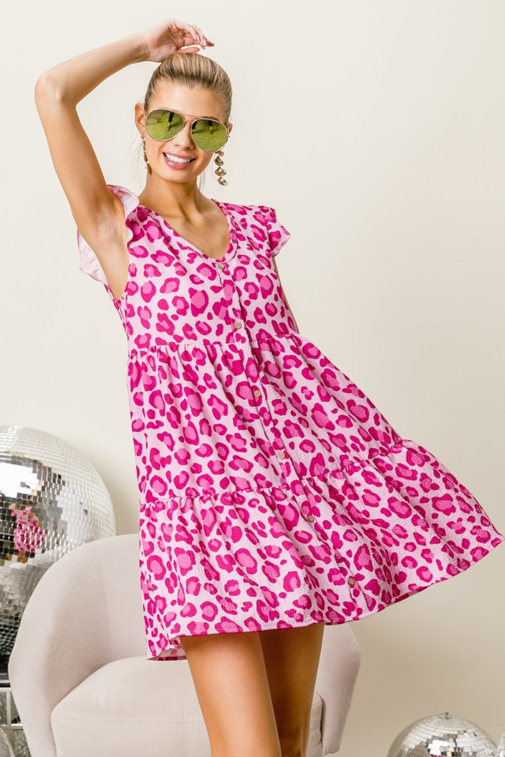 BiBi Leopard Cap Sleeve Tiered Mini Dress - Brand BiBi *