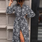 Lace Detail Printed Long Sleeve Midi Dress