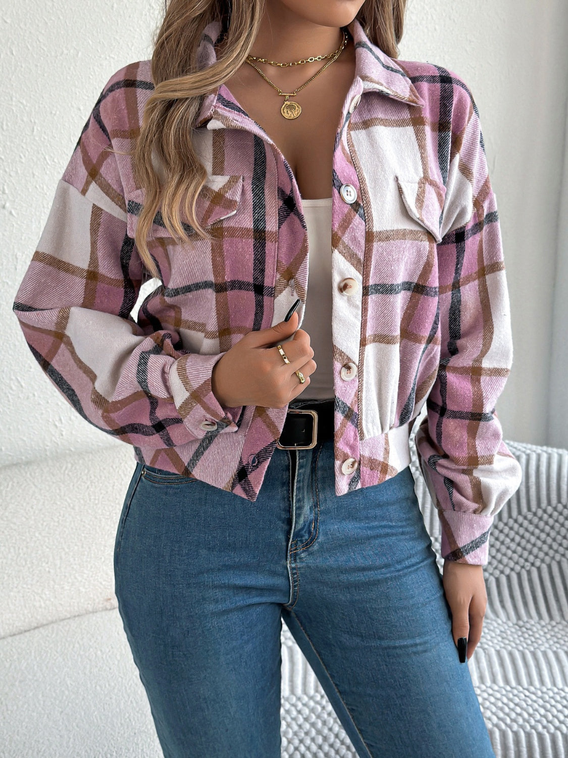 Plaid Button Up Long Sleeve Jacket