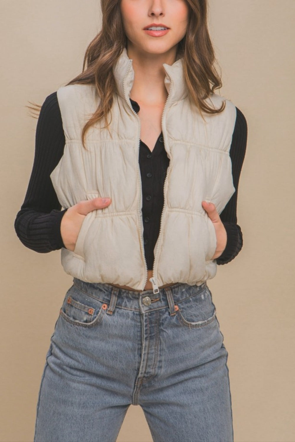 Love Tree Zip Up Turtleneck Cropped Vest Coat *