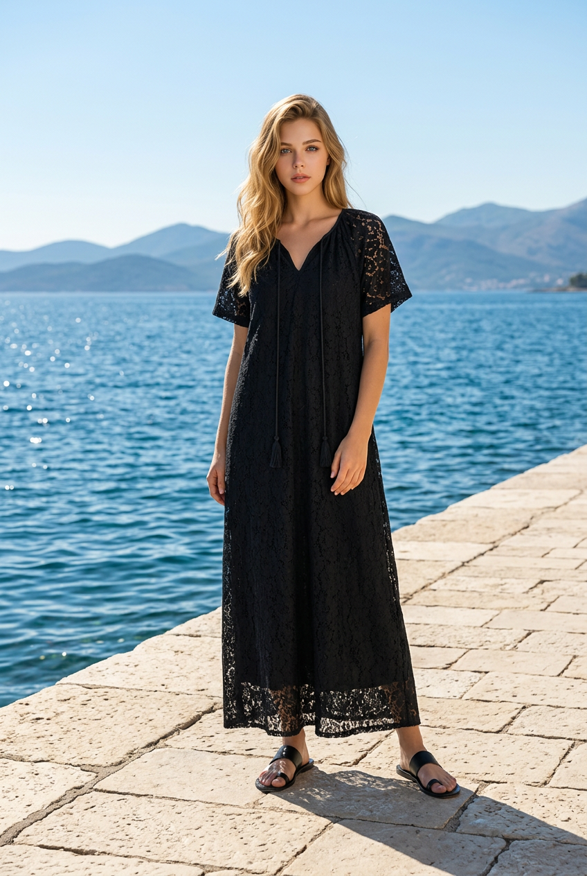 Lace Overlay Tassel Tie Short Sleeve Maxi Dress *