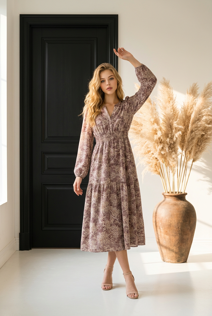 Floral Smocked High Waist Long Sleeve Maxi Dress *