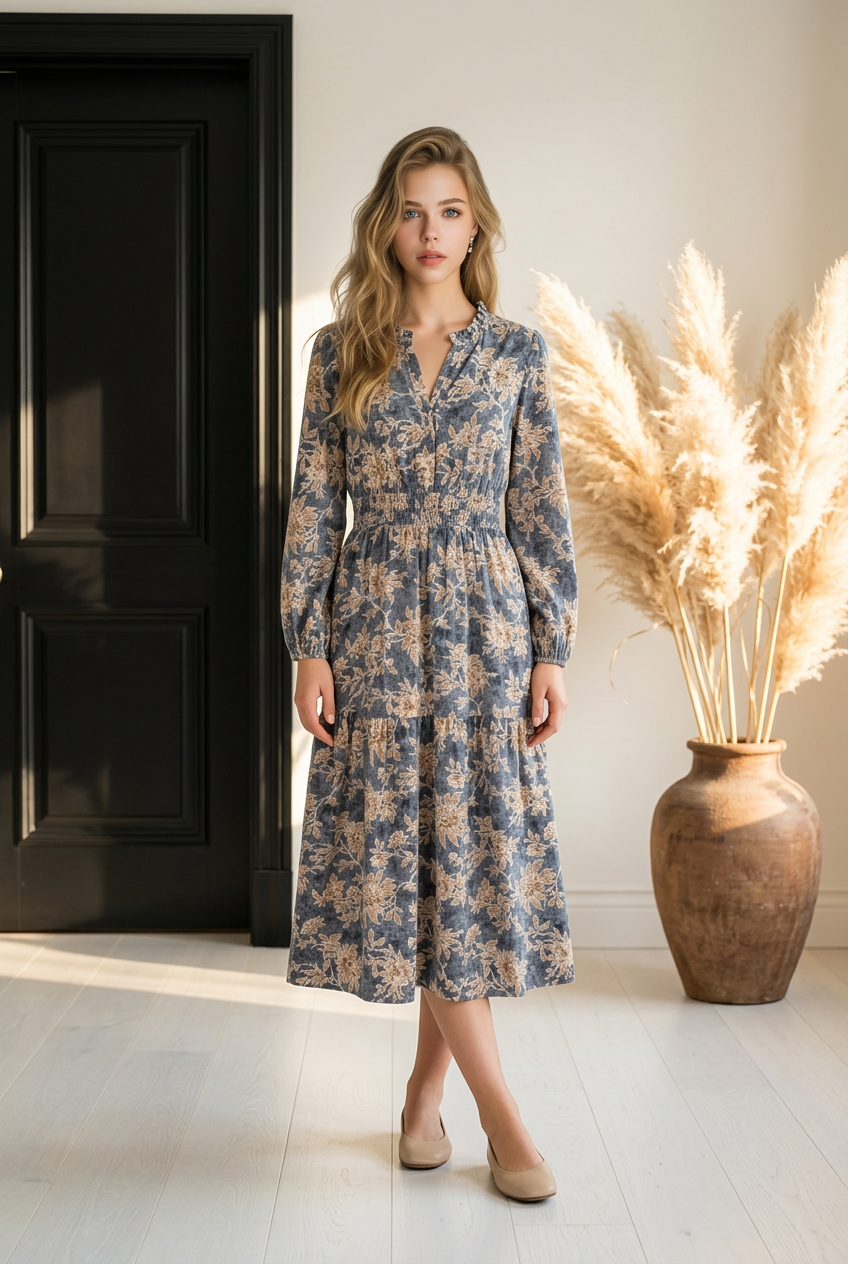 Floral Smocked High Waist Long Sleeve Maxi Dress *