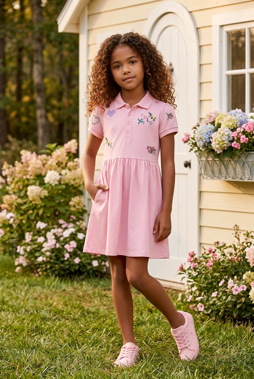 Children's Embroidered Polo Collar Short Sleeve Dress