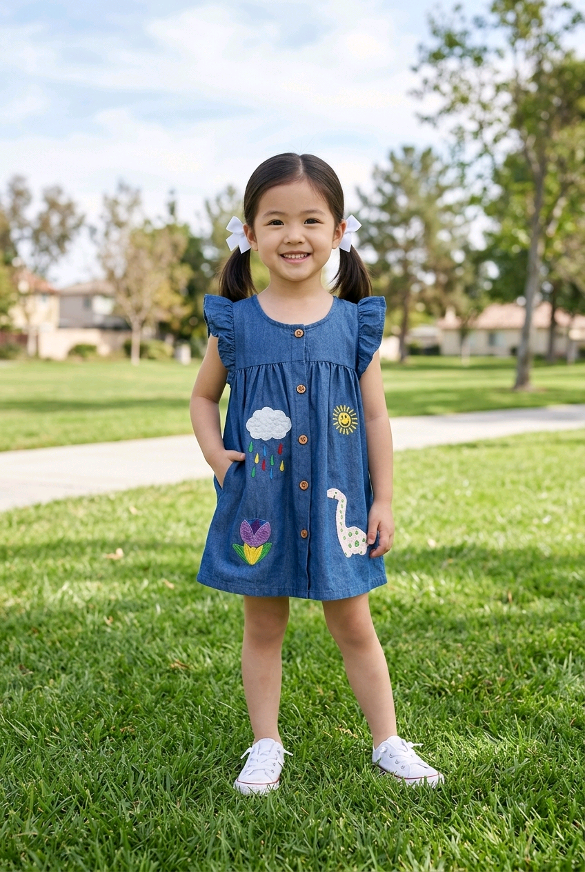 Children's Embroidered Denim Button-Front Dress