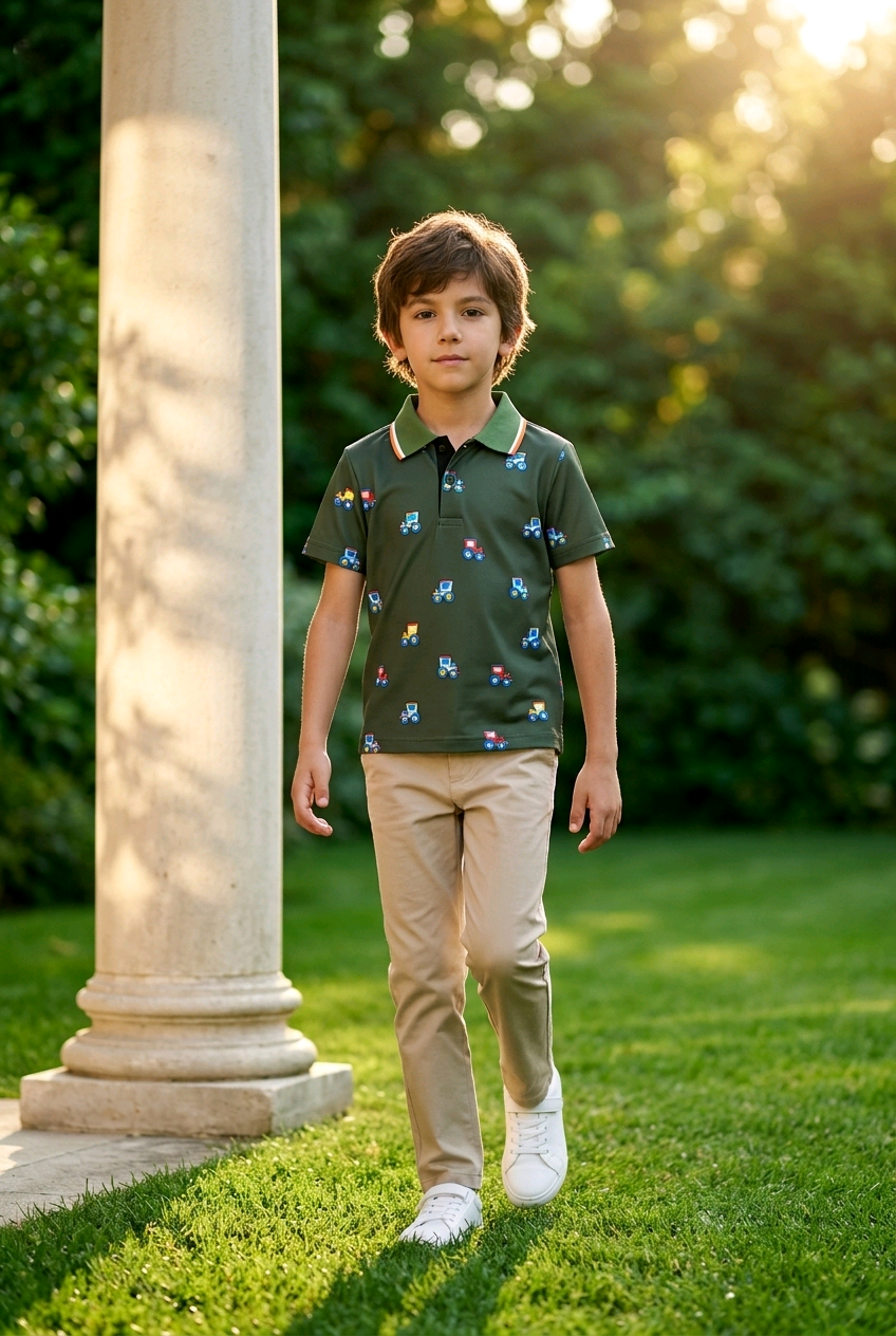 Children's Tractor Print Casual Polo Shirt
