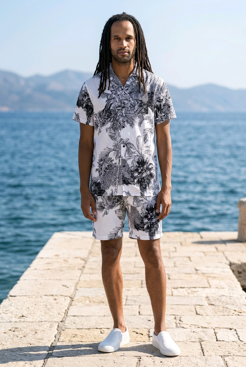 MENS WHITE BLACK PRINT BUTTON DOWN SHIRT