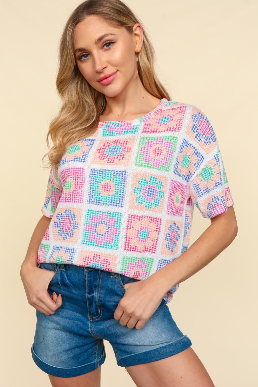 Haptics Flower Print Round Neck Short Sleeve T-Shirt *