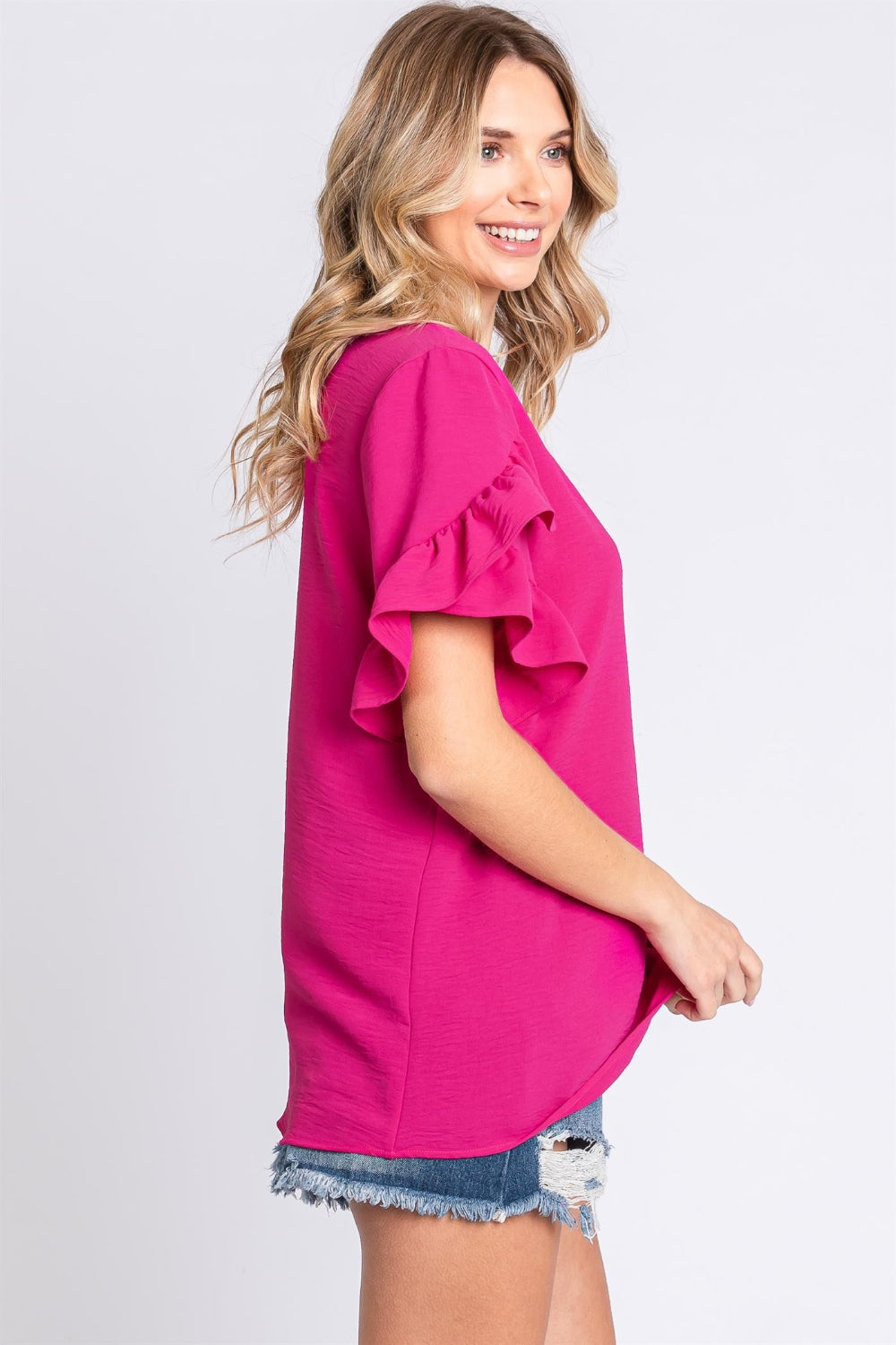 GeeGee V-Neck Ruffle Trim Short Sleeve Blouse *