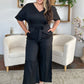Double Take Full Size V-Neck Tie Front Short Sleeve Slit Jumpsuit