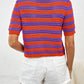 Openwork Striped Round Neck Short Sleeve Knit Top