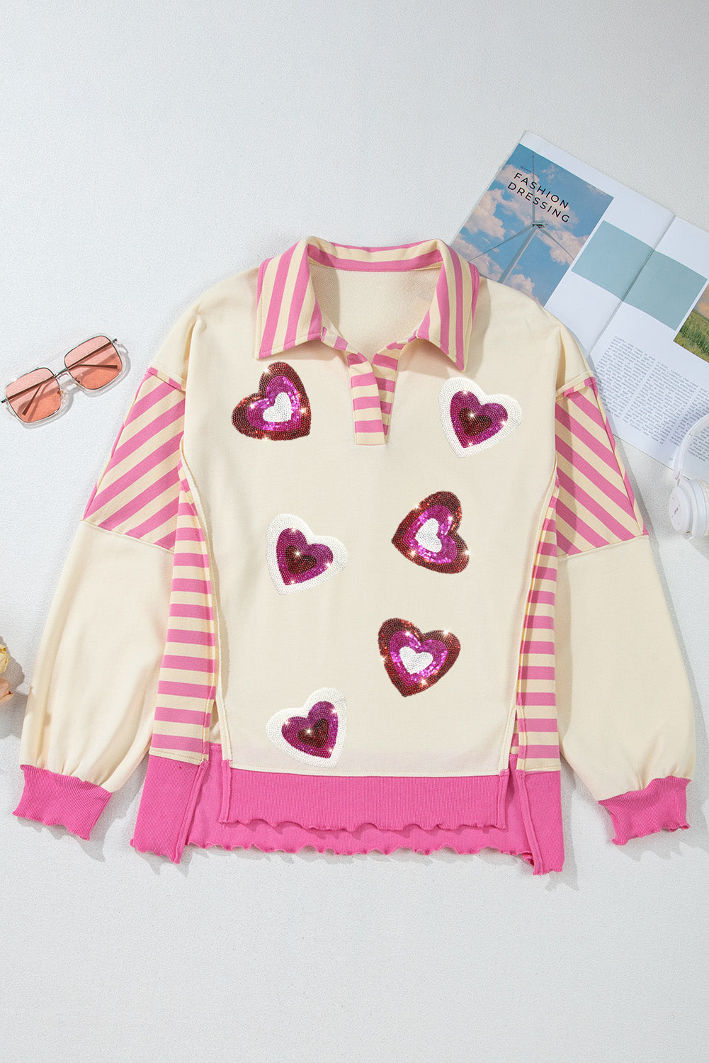 Valentine’s Day Sequin Heart Pattern Pink Long Sleeve Sweatshirt