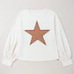 Plus Size Studded Star Round Neck Long Sleeve Blouse