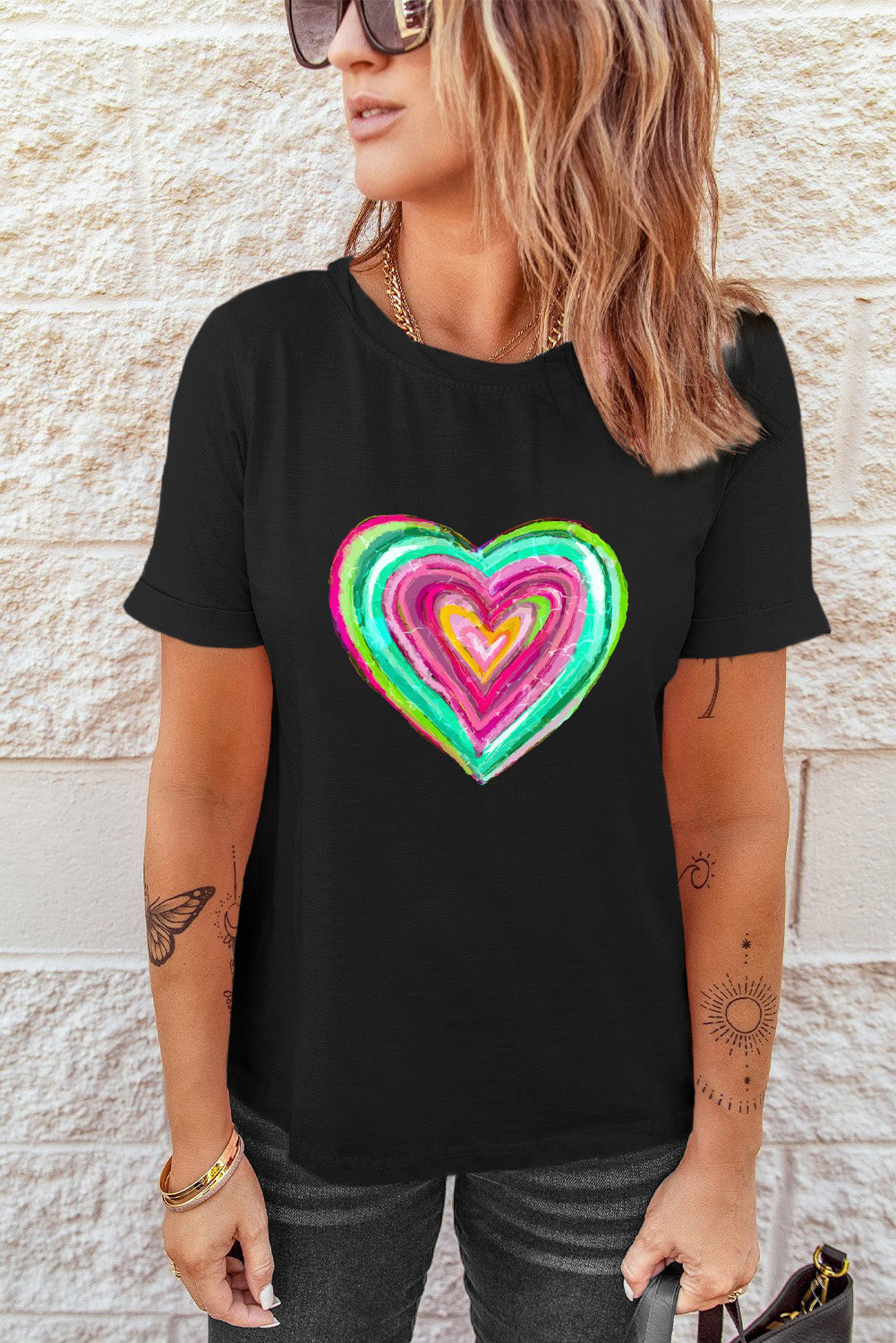 Full Size Heart Round Neck Short Sleeve T-Shirt