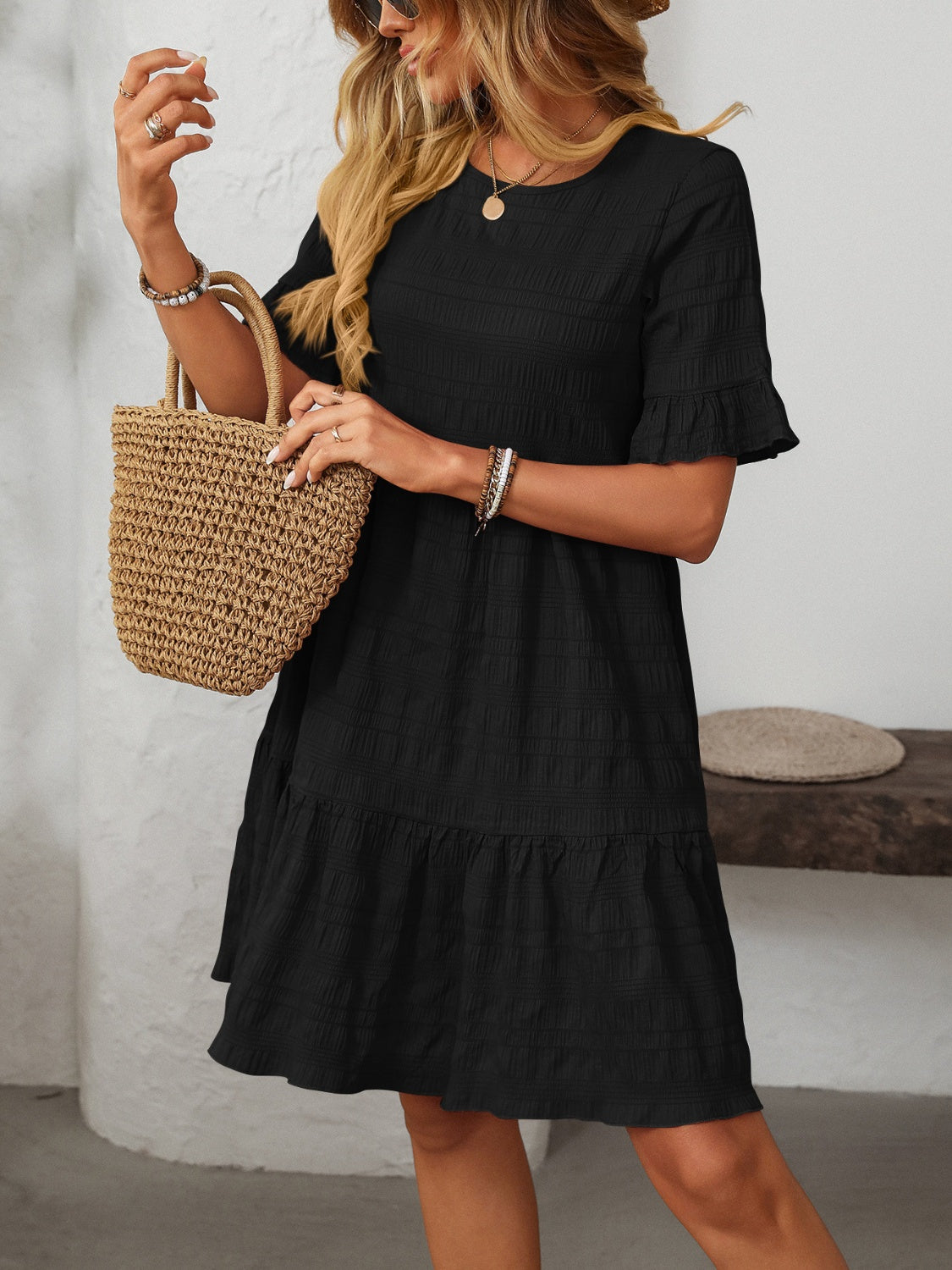 Mandy Ruffled Ruched Round Neck Half Sleeve Dress