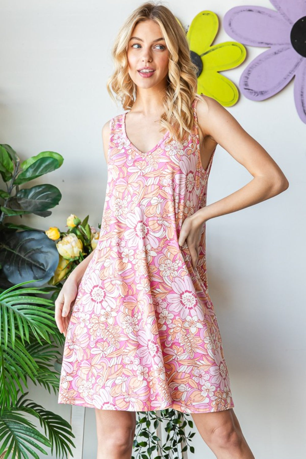 Heimish Full Size Floral V-Neck Tank Dress with Pockets *
