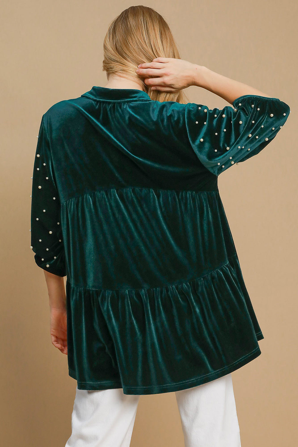 Umgee Pearl Detail Half Sleeve Velvet Babydoll Blouse *