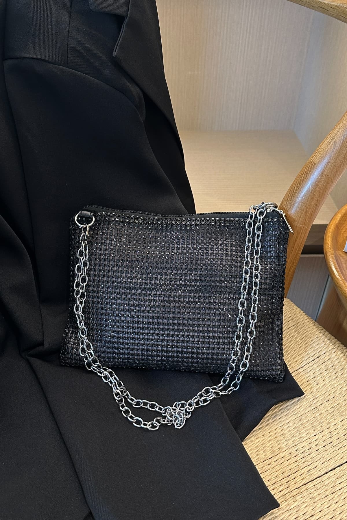 Rhinestone Polyester Chain Crossbody Bag