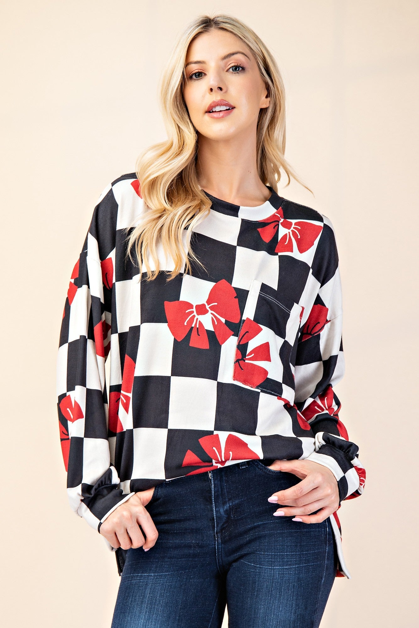 Celeste Full Size Checkered Bow Print Round Neck T-Shirt