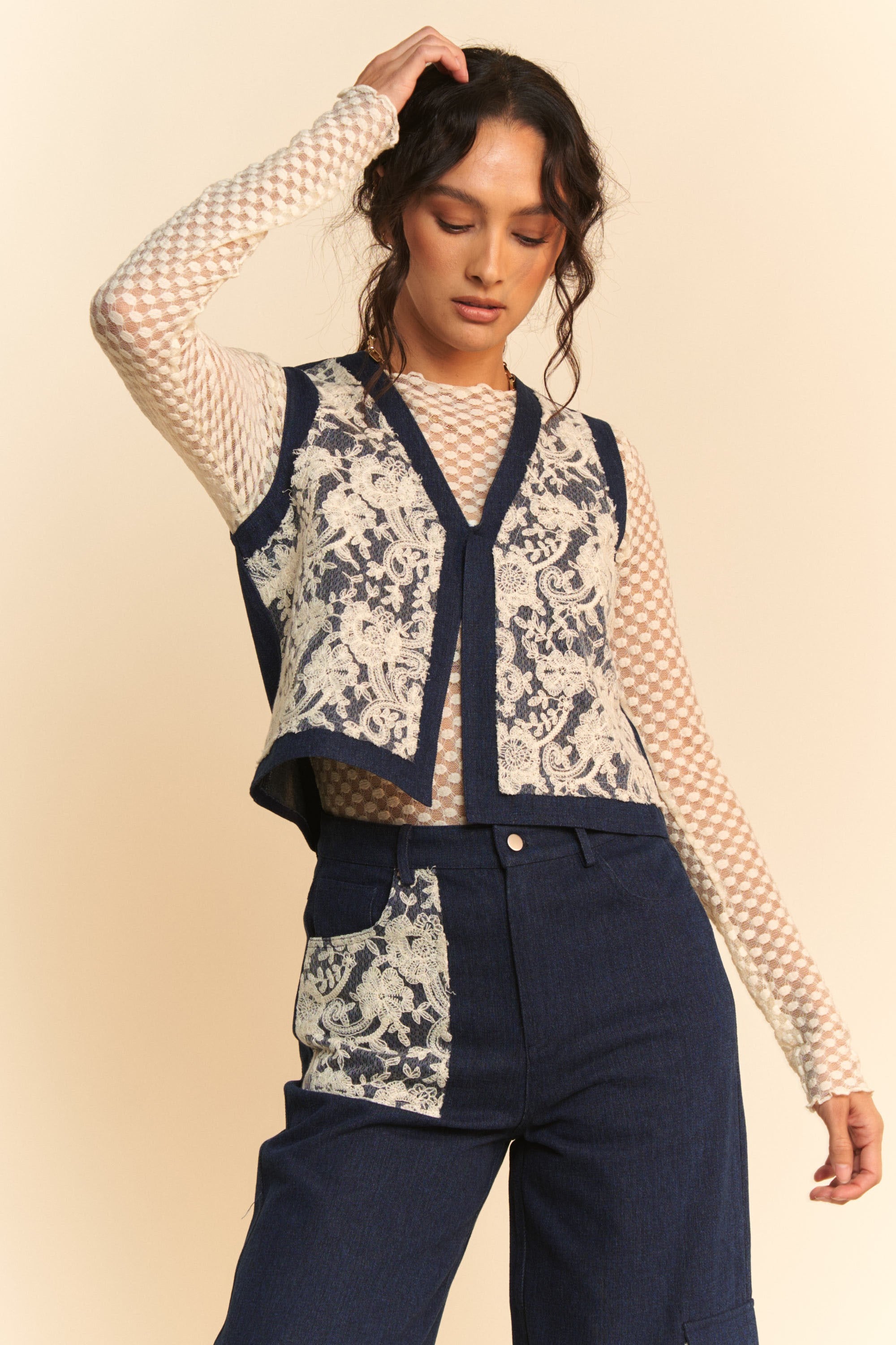 Davi & Dani Lace Patch Open Front Denim Vest *