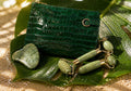 Emerald Green Faux Croc Skincare Travel Case with Jade Facial Roller Set – 4-Piece Beauty Collection