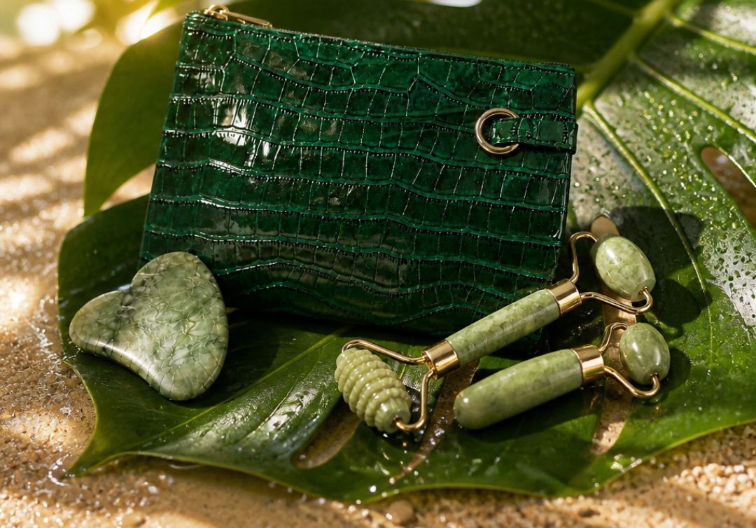Emerald Green Faux Croc Skincare Travel Case with Jade Facial Roller Set – 4-Piece Beauty Collection