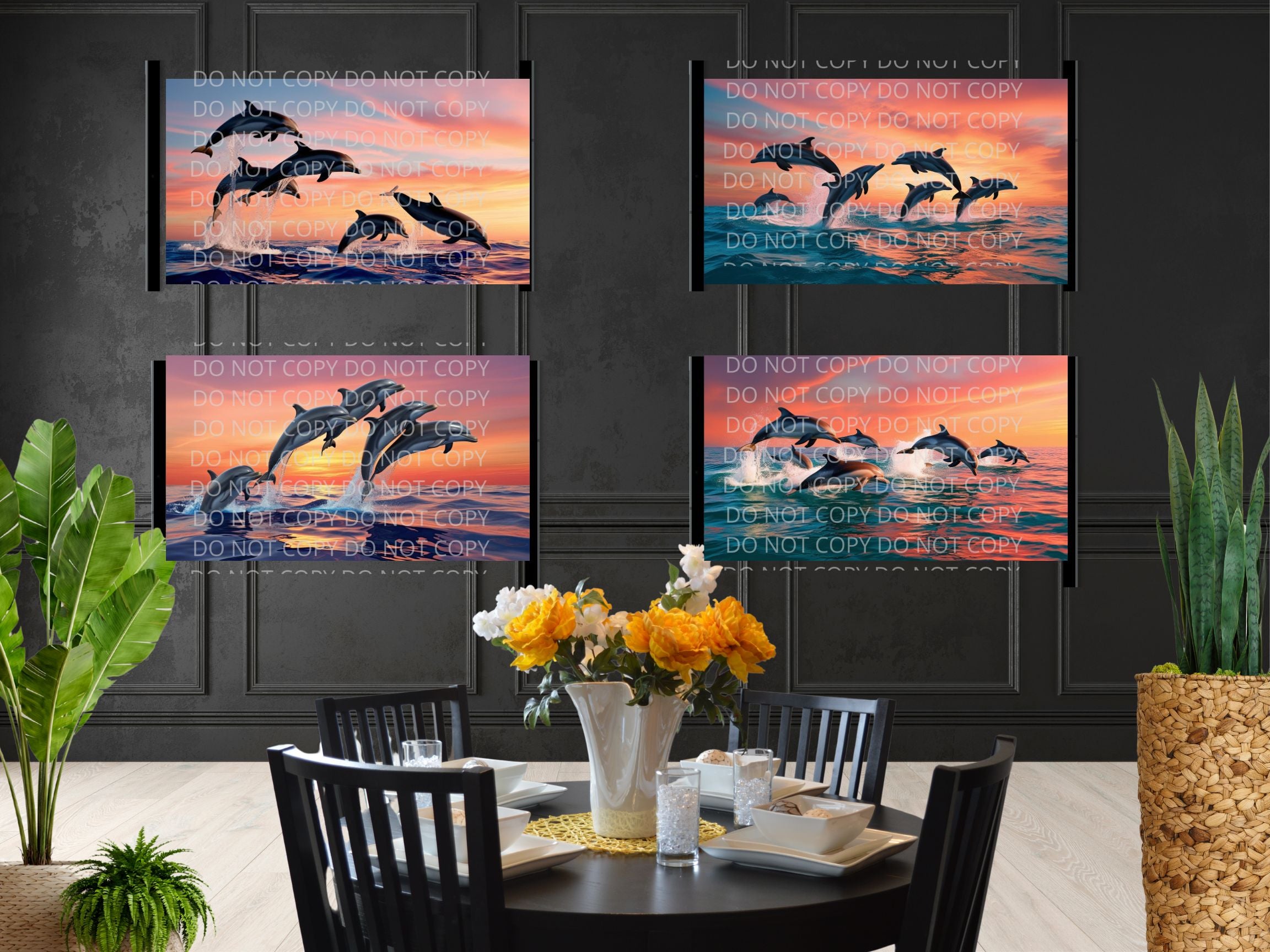 Dolphins with Orange Sunset Digital Art in PDF SVG PNG File Formats