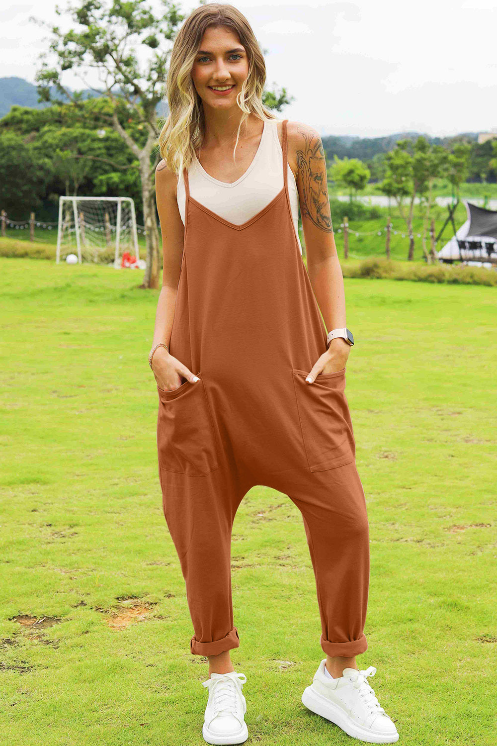 Double Take Full Size Sleeveless V-Neck Pocketed Jumpsuit *