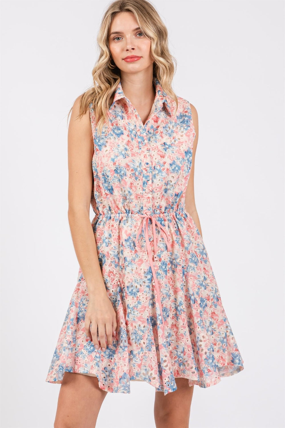 GeeGee Full Size Floral Eyelet Sleeveless Mini Dress *