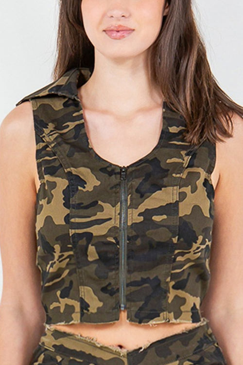 American Bazi Zip Up Camo Crop Denim Vest *