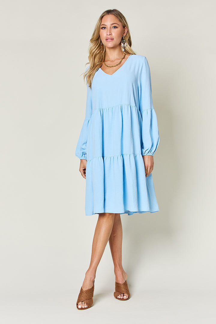 Double Take Full Size V-Neck Balloon Sleeve Tiered Dress