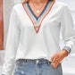 Contrast V-Neck Long Sleeve Blouse