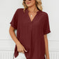 Full Size Side Slit Notched Neck Cuffed Short Sleeve Blouse