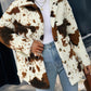 Cow Print Collared Neck Button Up Fuzzy Jacket