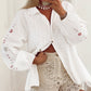 Embroidered Eyelet Collared Neck Long Sleeve Shirt