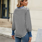 Contrast Striped Notched Long Sleeve Top
