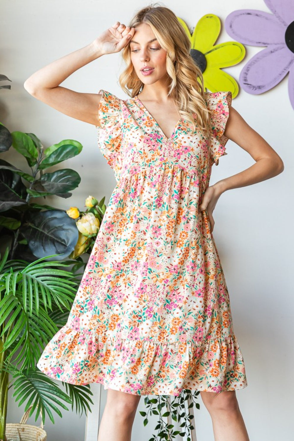 Heimish Full Size Floral Ruffled V-Neck Dress *