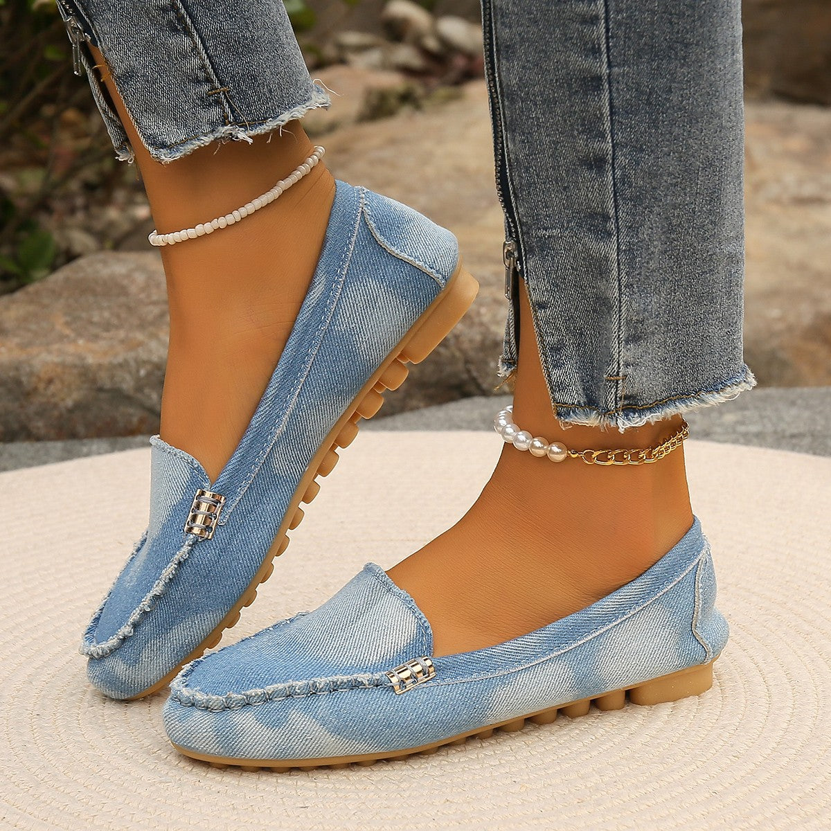 SkyTime Light Blue Round Toe Flat Loafers