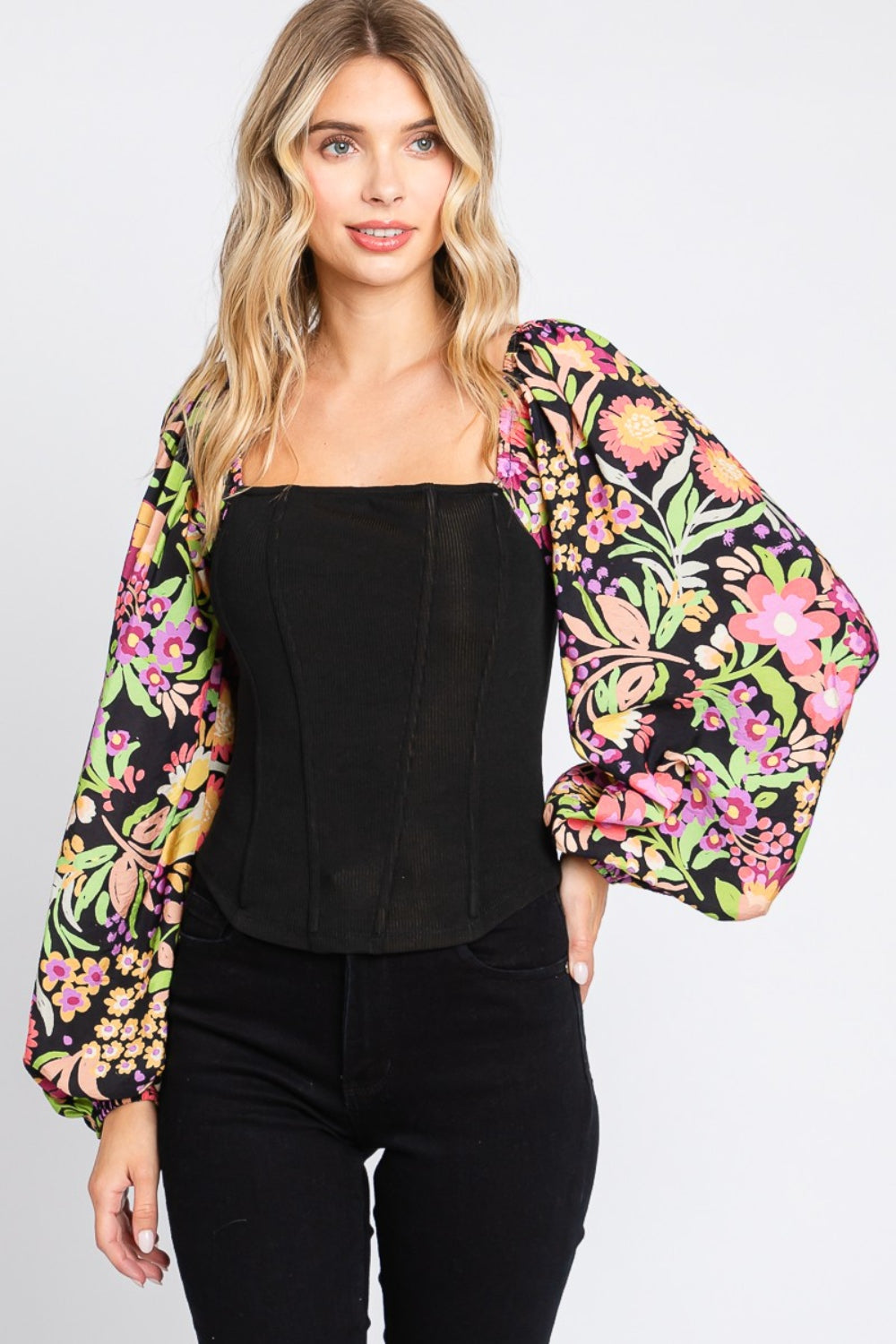 ODDI Full Size Floral Balloon Sleeve Blouse *
